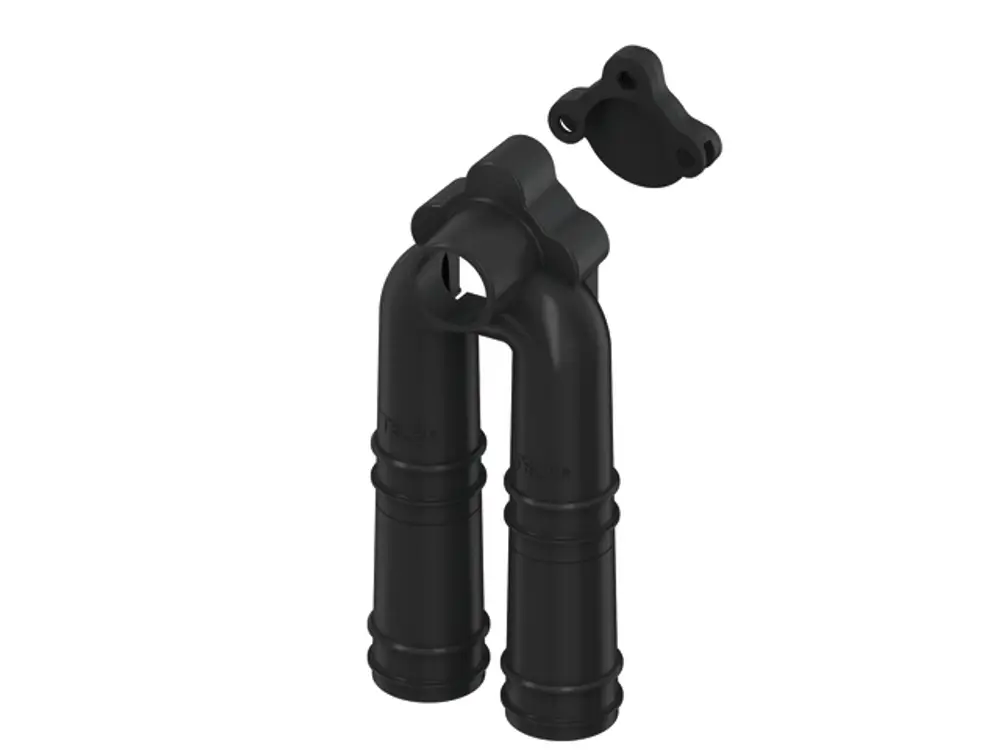 Schallschutzelement von TECE mit zwei Rohren, verbunden durch einen Mittelblock und einer abnehmbaren Abdeckung. Konstruiert aus schwarz gefärbtem Material.
